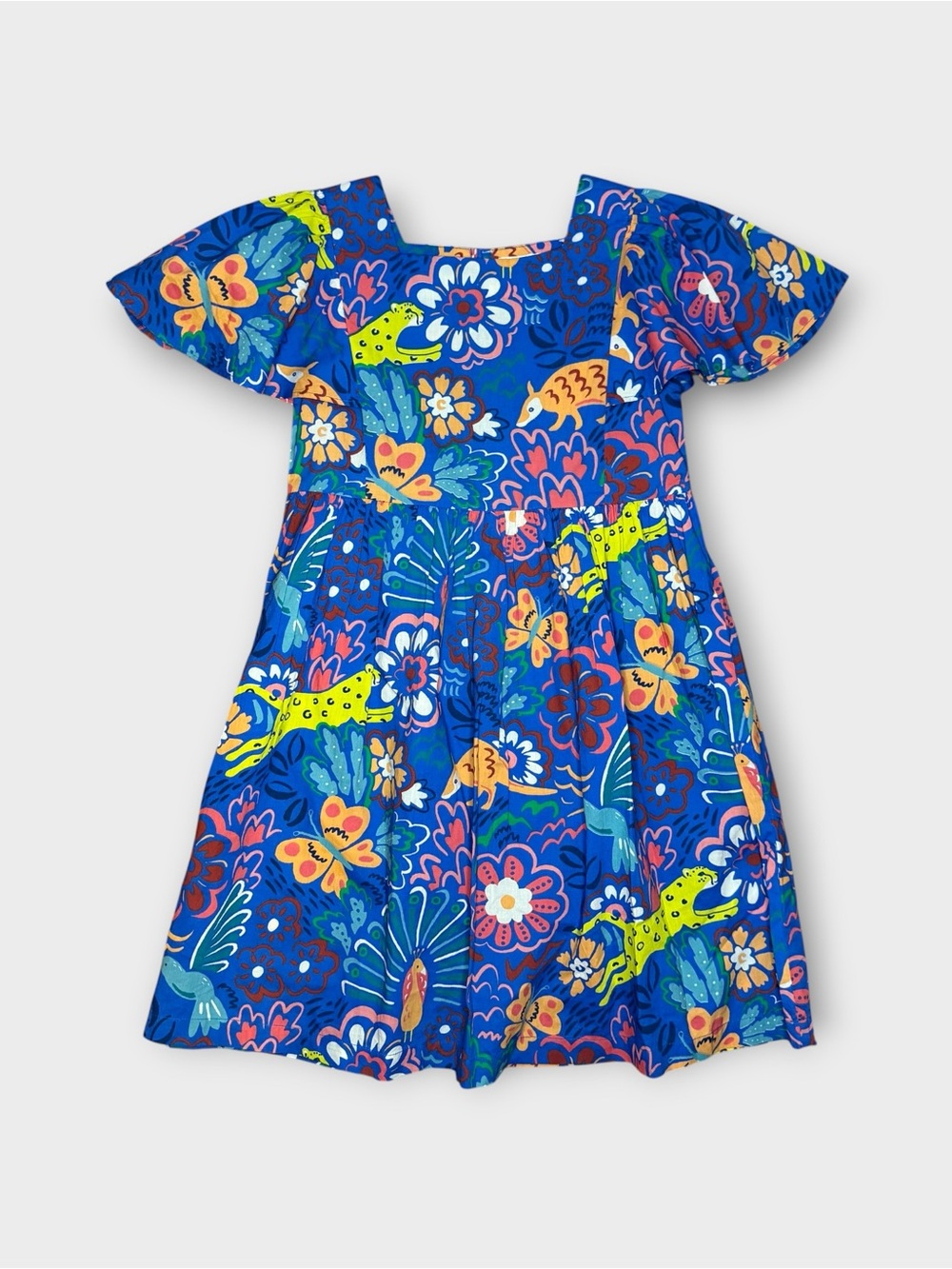 Mini Boden Jungle Animal Floral Flutter Sleeve Blue Dress